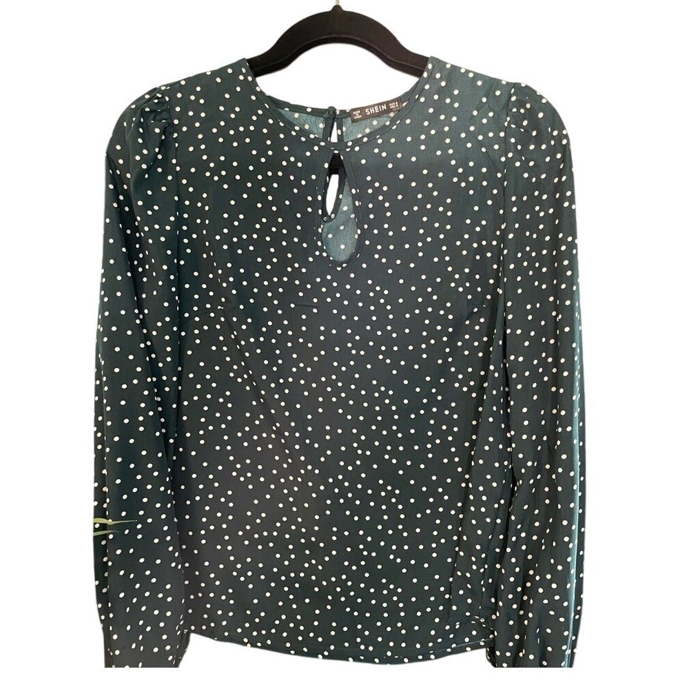 SHEIN Womens Forest Green Polka Dot Long Sleeve Keyhole Blouse Size Small S